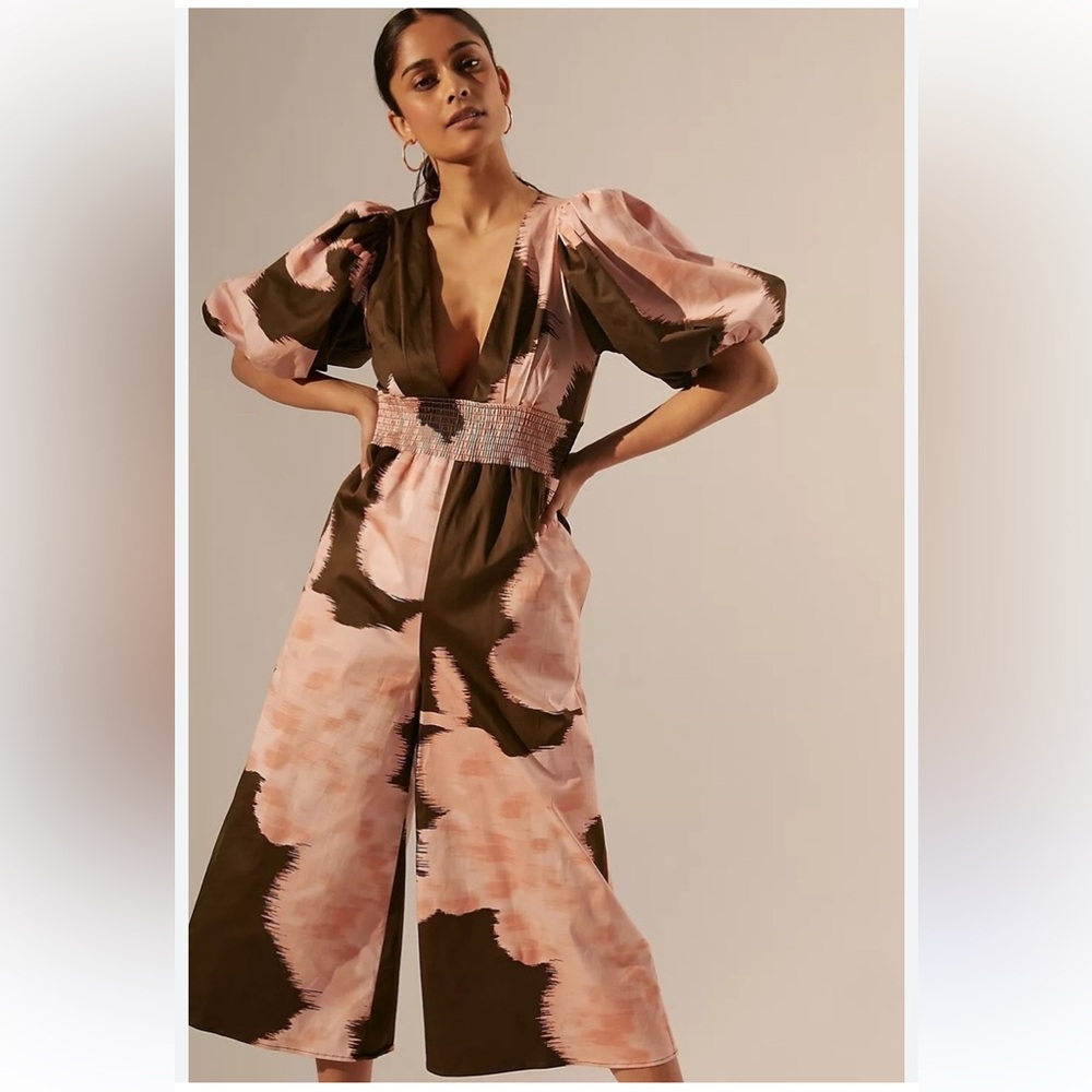 ANTHROPOLOGIE Hutch Isa Smocked Puff Sleeve Jumpsuit pink olive green floral